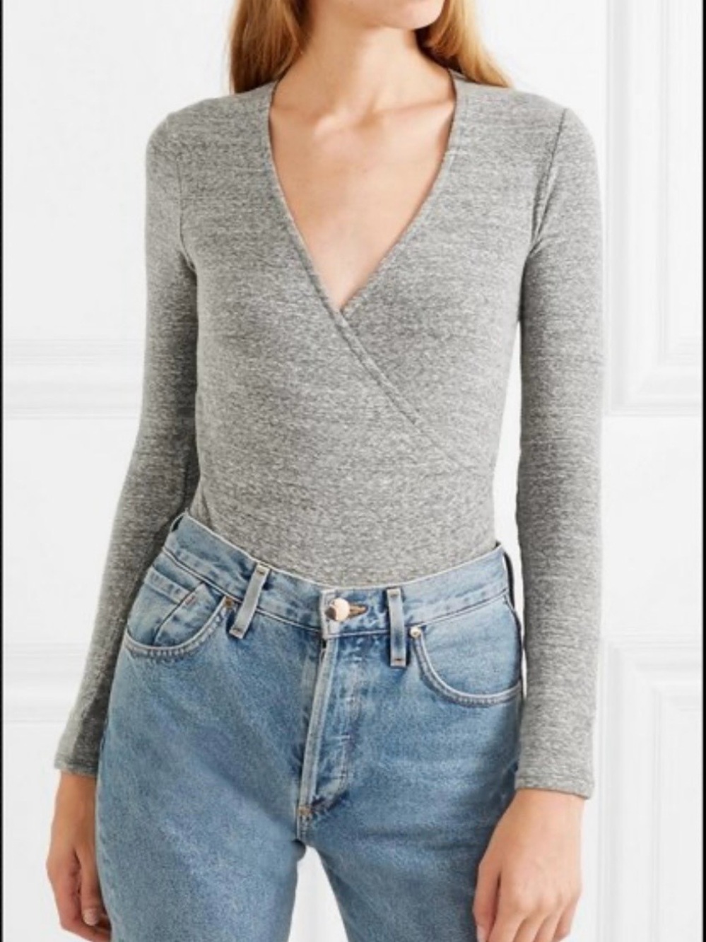 Madewell Gray Wrap-Front Long Sleeve Bodysuit